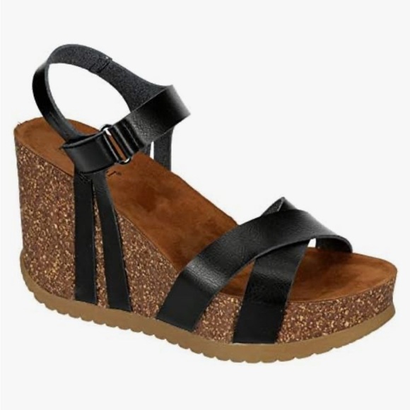 BJORNDAL Kori Black Crisscross Cork Sole Strappy Wedge Sandals Size 10 - Picture 2 of 13